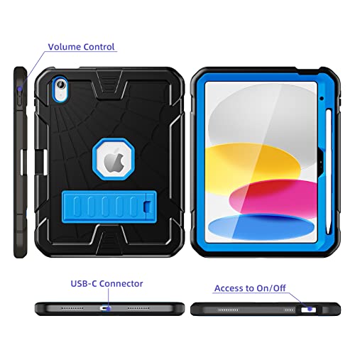 Sibeitu Case for iPad 11th (A16) 2025/ 10th Generation 10.9 Inch 2022, Rugged Shockproof iPad 10 Case with Pencil Holder & Built-in Stand, Hard 11th Gen iPad 11 inch Cover for Kids Boys, Black+Blue