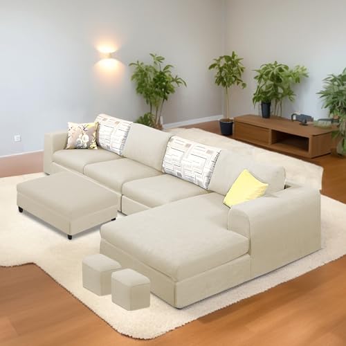 Image of Koza RHS 8 Seater L Shape Sofa Set with Center Table for Living Room (Cream Fabric) Premium Fabric Sofa