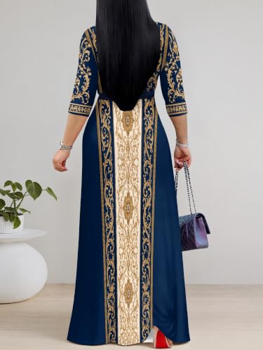 Image of Women's V Neck Floral Maxi Dress 3 /4 Sleeve Plus Size Boho Wrap Flowy Long Dresses with Belt