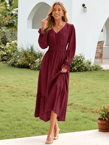Image of BerryGo Womens Long Sleeve Empire Waist Maxi Dress V Neck Fall Wedding Guest Flowy Long Dresses