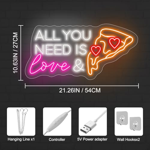 Image of All You Need Is Love & Pizza,Pizza Neon Sign for Wall Decor, Pizza LED Neon Light for Pizzeria, Restaurant, Kitchen, Store, Food Lovers Bedroom Restaurant Shop Party Decoration, 21.26 inchx10.63 inch