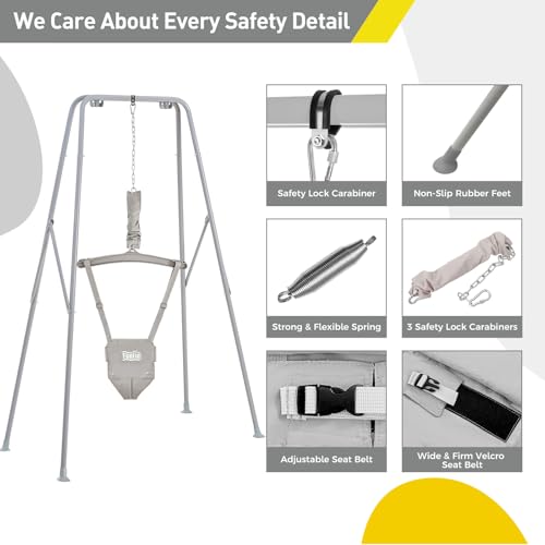 FUNLIO Baby Türhopser mit Ständer für 6–24 Monate, Baby Hüpfschaukel mit Gestell für Drinnen und Draußen, Tür Schaukel/Hängeschaukel für Kleinkinder mit Verstellbarer Kette, einfach zu Montieren-Grau
