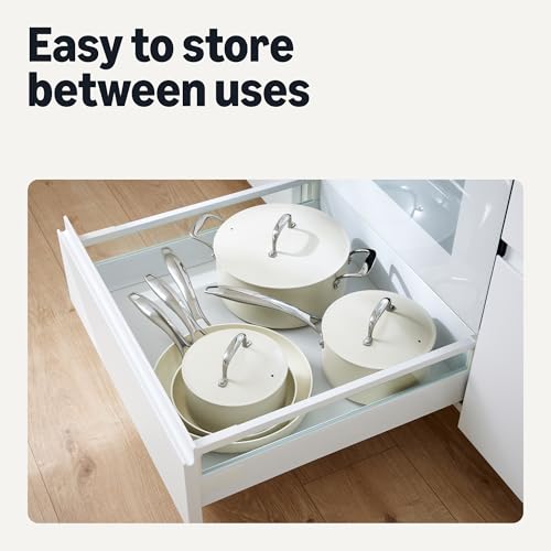 Image of Amazon Basics Ceramic Nonstick Cookware, 8-Piece Set of Pots and Pans, Dishwasher and Oven-Safe, All Cooktop Induction Friendly, Ivory
