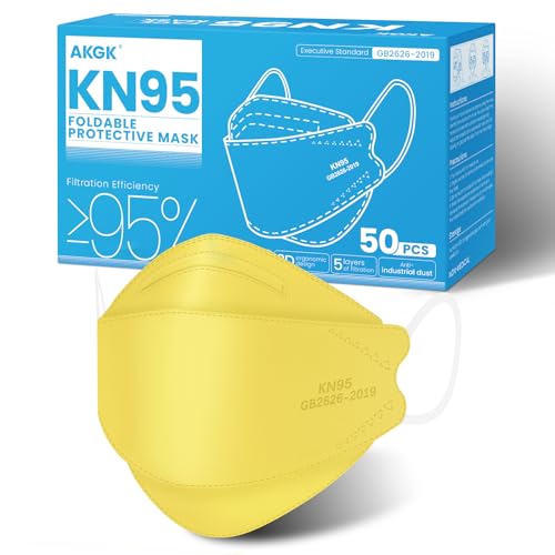 akgk KN95 Face Masks 50 Pack, 5-Ply Disposable Yellow Face Mask Against PM 2.5 Smoke and Dust
