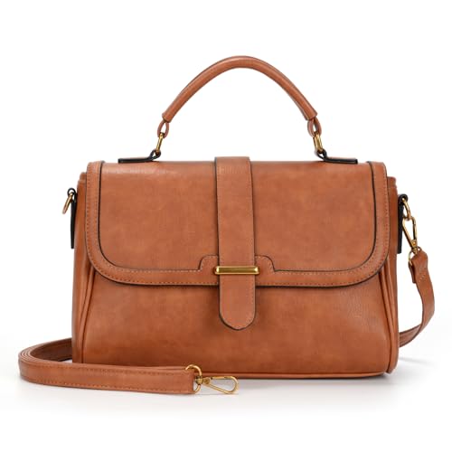 Vegan Leather Top Handle Handbag for Women, Classic Crossbody Purses Flap Satchel Shoulder Bag with Detachable Strap