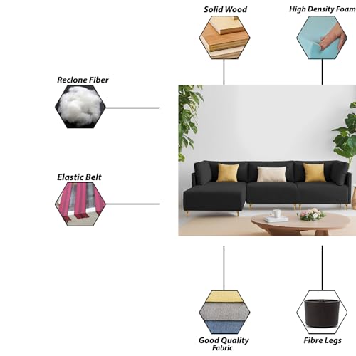 Image of Carina LHS 4 Seater L Shape Sofa Set for Living Room (Black Fabric) Premium Fabric Sofa