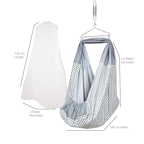 Image of beetot Baby Cradle Set Swing /Jhula (Thottil Cloth, Palna, Dolna) | Hanging Cradle with Removable Bed, Mosquito Net, Spring, Triangle Hanger | Up to 15 kg | 0-2 Years | PRE-MELANCHI PRINT-15854