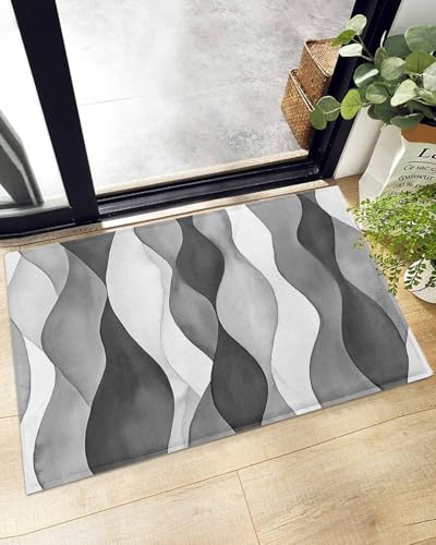Indoor Doormat Abstract Grey Black Gradient Stripes,Shaggy Floor Mat with Non-Skid Backing Modern Ripple Striped,Machine Washable Plush Area Rug Carpets for Kitchen Nursery Bedroom