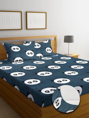 Image of Blue Strip 300 TC Cotton Feel Glace Cotton Elastic Fitted Printed King Size Double Bed Bedsheet with 2 Pillow Covers Fits Upto 9 Inches, Size 72x78x10 Inches