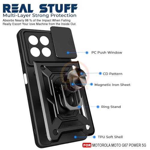 Image of Armor Bumper Back Cover Case for Motorola Moto G67 Power 5G / G57 Power 5G Rotating Camera Cover, Ring Holder & Kickstand | Heavy Duty & 360 Degree Protection Back Cover (Black)