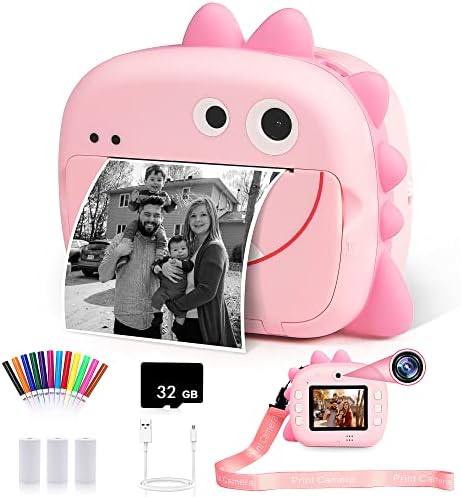 WQ Kids Camera Instant Print, 1080P Dinosaur Digital Print Camera for Kids with Dual Lens,Selfie Video Camera with Phone Connected,Zero Ink Instant Print Camera Ideal Gift for Boys Girls 3-12