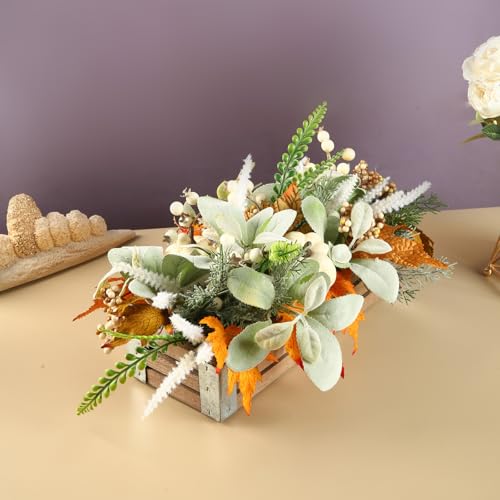 Image of Thanksgiving Potted, Eucalyptus Berries Pumpkins Lamb Ears Leaves Autumn Pots for Centerpiece Table Decor, Fall Decor, Home Coffee Table Dining Room Office Kitchen (D)