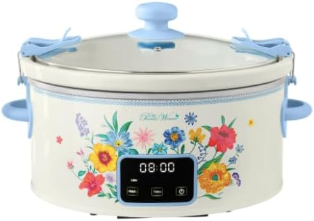 Pioneer Woman Impresionante olla de cocción lenta portátil programable de 6 cuartos con pantalla táctil, tapa con cierre, gres duradero, floral