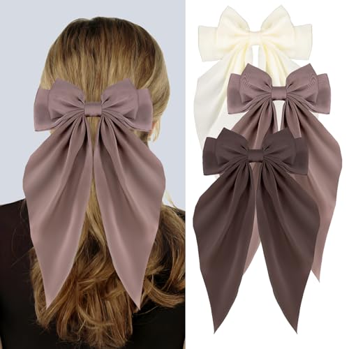 Silky Satin Hair Bows, Oversized Long Tail Bows with Barrette Clips, Coquette Hair Accessories for Women and Girls (Dark Brow - Kaki - Beige)