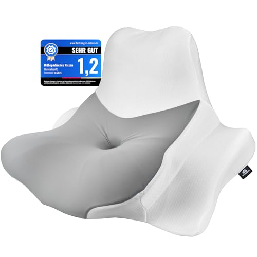 Himmelsanft® Orthopädisches Kopfkissen aus Memory Foam (für Schlaf & Alltag) Ergonomisches Kissen bei Schulter- und Nackenschmerzen | Nackenstützkissen Bauch-, Rücken- & Seitenschläferkissen Grau