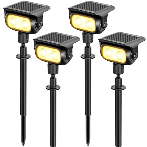 MEEKBOS Focos Solares LED Exterior 4 Piezas, 200lm 3000K Blanco Cálido con Sensor Crepuscular, Lámparas Solares de Jardín IP65 Impermeables con Estaca para Césped, Camino y Entrada