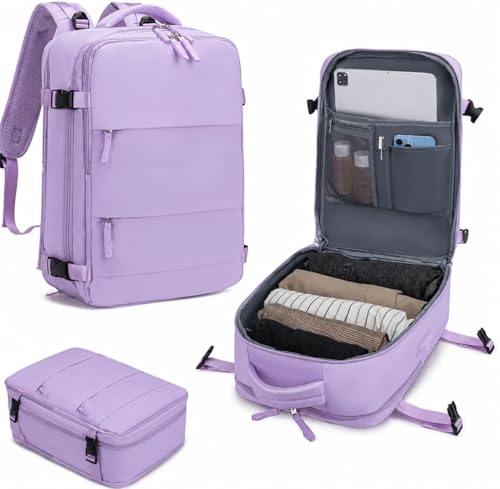 Mochila de Viagem Expansível Feminina e Masculina, Grande, Impermeável, com Compartimento para Notebook e entrada USB (Lilás)