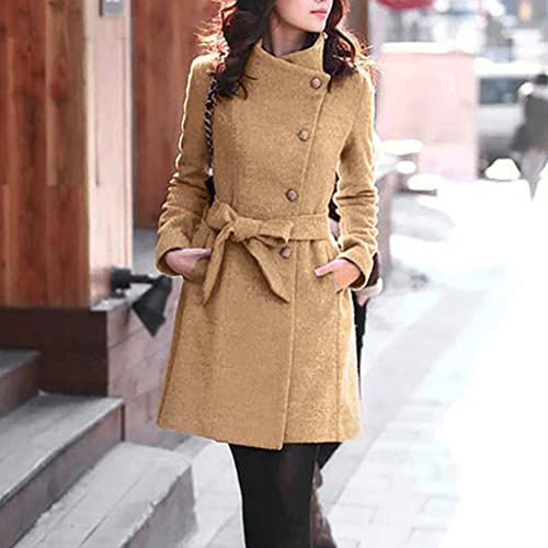 Mokingtop Women’s Pea Coat Trench Coat Casual Mid Long Overcoat Lapel Collar Open Front Cardigan Outwear Woolen Fleece Winter Coat With Belt #TOP2