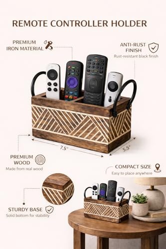 Image of Craft Expertise 2 Compartment Remote Control Holder Stand for TV & AC - Wooden & Iron Remote Organizer for Table, Sofa & Bedside | Rustic Brown Decorative Remote Caddy | Size 8 x 4 x 6.5 Inches