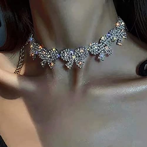 Jeairts Rhinestone Choker Bow-Knot Necklace Silver Full Crystal Necklaces Sparkly Party Prom Necklace Chain Jewerly Accessories For Women And Girls #TOP3