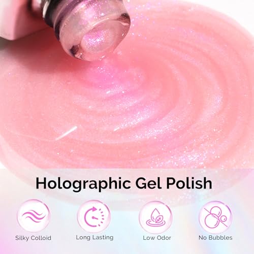 Image of MelodySusie Shimmer Pearl Pink Gel Nail Polish, 0.5fl oz Soak Off UV LED Jelly Holographic Pink Glitter Gel Polish Gift for Women Nail Art Manicure Salon DIY Nail Design Decoration at Home-G2607