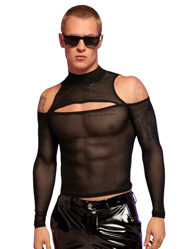 WDIRARA Men's Cut Out Front Mesh Sheer Mock Neck Long Sleeve Bodycon Party Blouse Tops
