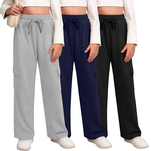 3 Pack Girls Cargo Sweatpants Kids Wide Leg High Waist Drawstring Pants Casual Baggy Athletic Trousers (Ages 5-14)