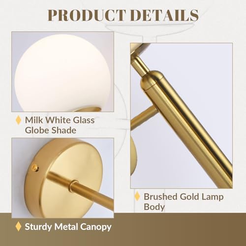 Image of KCO Lighting Set of 2 Mid Century Modern Brushed Gold Globe Wall Sconces | E26 Bulb Included, Indoor Frosted Milk Glass Wall Light, Vintage Hardwired Vanity Fixture for Bathroom Bedroom Hallway Bar