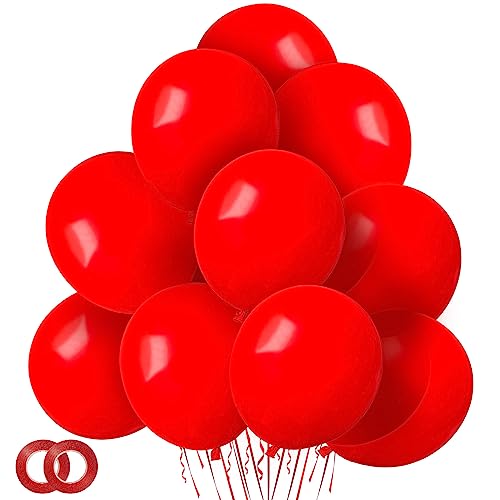 Image of ASIYUHY Red Balloons 12 Inch 100 Pack Thicken Latex Red Balloon with 2 Rolls of Ribbon Round Helium Balloons for Christmas Valentine Birthday Wedding Baby Shower Party Decorations