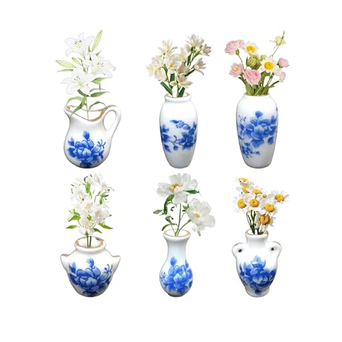 6pcs Mini Ceramic Vase Magnets for Fridge and Flower, Cute Magnetic Plant Pot Vases Tiny for Refrigerator,Funny 3D Creative Accessories,Small Decoration for Kitchen Office. (Blue and White Porcelain)