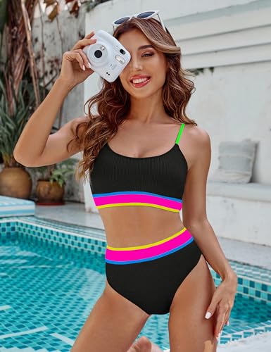Image of BMJL Women's High Waisted Bikini Ribbed Two Piece Swimsuit High Cut Color Block Adjustable Straps Bathing Suit