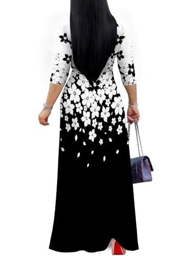 Image of Plus Size Dresses for Women Floral Print Maxi Dress Flowy 3 /4 Sleeve with Belt