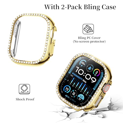 Image of SUPOIX for Apple Watch Band 49mm + Case, Bling Bands for Women (Gold) | Shiny Metal Bands & 2 Pack Protective Cover Cases for iWatch Ultra 49mm