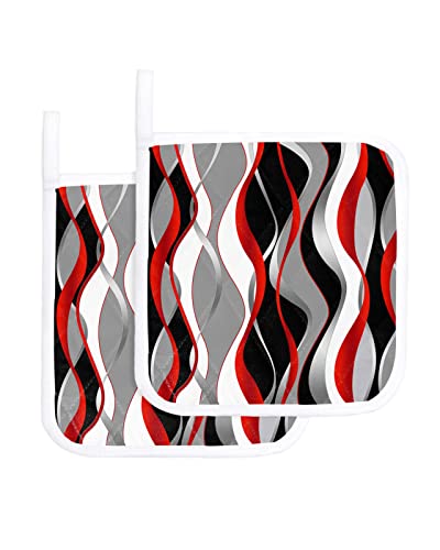 Carosoffe Red Black Pot Holders Set Of 2 Heat Insulation, Grey Geometric Hot Pads & Potholders For Kitchen, Modern Art Abstract Red Wavy Striped Oven Mitts For Baking Cooking Barbecue #TOP27