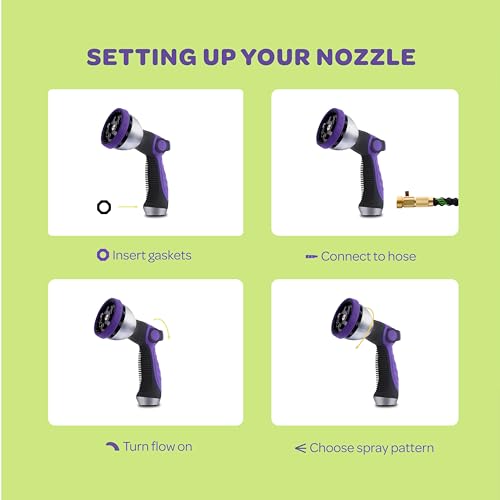 Image of Hose Nozzle [Purple] Heavy Duty Hose Sprayer With 10 Adjustable Watering Patterns. Thumb Control Design, Comfortable Ergonomic Grip, Garden Hose Nozzle for Watering Plants & Lawns /Fun showers /Cleaning