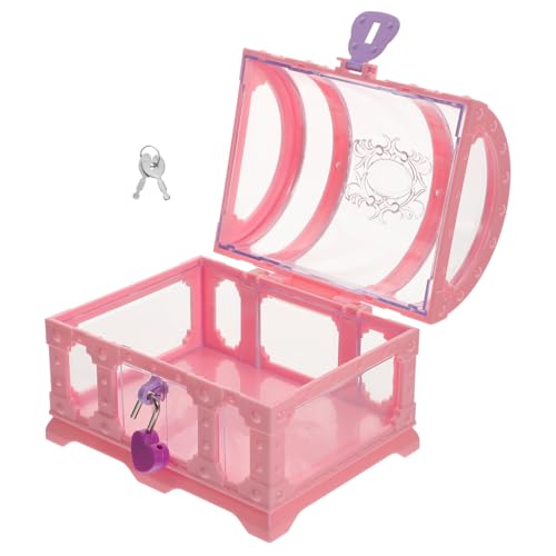 SAFIGLE 子供用カギ付きおちゃ収納宝箱 ピンク透明中型ジュエリーボックス デコレーション兼おもちゃ保管箱