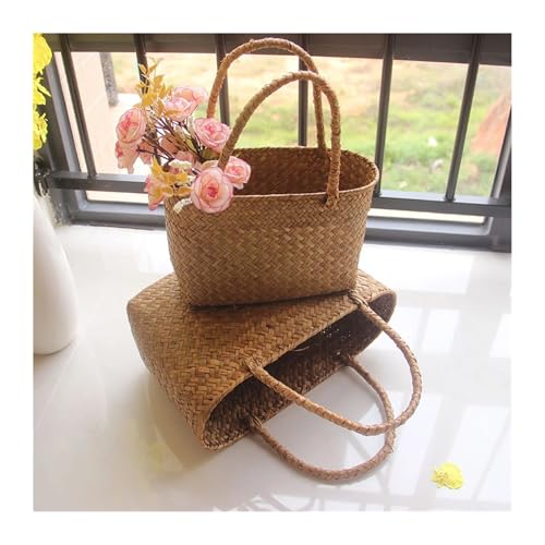 Straw Beach Bag Seaweeds Woven Basket Flower Basket Garden Succulent Bag Storage Basket Women Handbag Beach Bag(L)3
