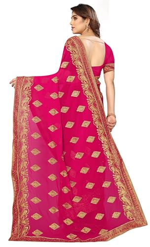 Image of B BELLA CREATION Women's Maroon Georgette Saree with Heavy Golden Embroidery Work & Unstitched Blouse Piece