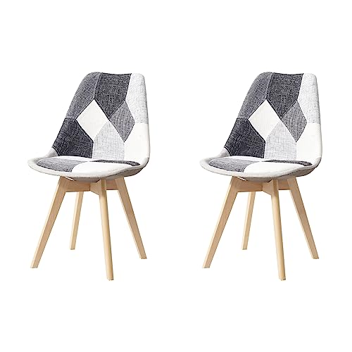 HJhomeheart Lot de 2 Chaises de Salle à Manger en Tissu Patchwork avec Coussin d'assise Amovible et Pieds en Bois Massif pour Salle à Manger, Salon, Cuisine,...