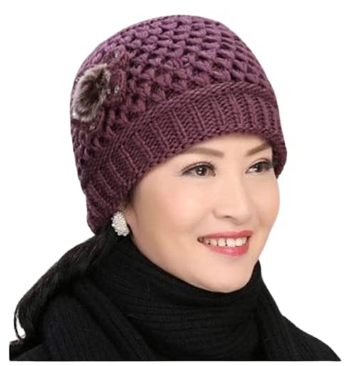 Middle-Aged and Elderly hat Female Winter Grandma Old Lady Wool Warm Plus Velvet Mother Old hat Cold Wind Thickening Purple Color