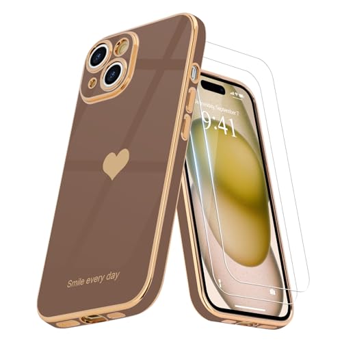 Teageo for iPhone 15 Plus Case with Screen Protector [2 Pack] for Girl Women Cute Girly Love-Heart Luxury Cover Camera Protection Silicone Shockproof Phone Case for iPhone 15 Plus Case, Desert Gold