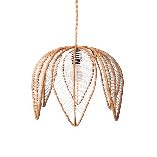 B·LED BARCELONA LED BarcelonaLED Lámpara Colgante de Techo de Ratán Forma de Flor Pantalla Ø44cm Pétalos de Cuerda Blanca Estilo Nórdico Rústico con Florón de madera Portalámparas E27 Negro