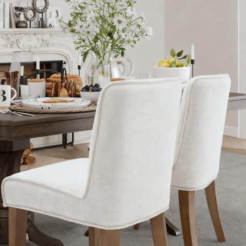 Image of Mid-Century Dining Chairs Set of 6, Linen Fabric Solid White Kitchen Chairs with Walnut Wood Leg Cushioned Back Modern Rustic Side Chairs for Dining Room /Kitchen /Restaurant