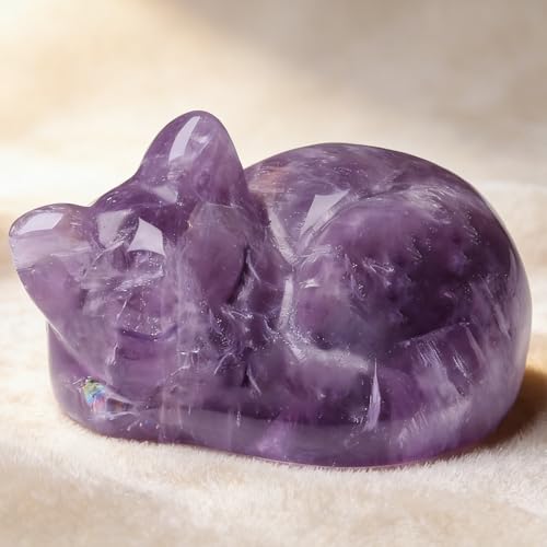 Norhogo Purple Sleeping Cat Figurine Ornament, Cute Gemstone Cat Ornaments, Cute Stone Cat Statue, crystal cat, Purple Amethyst Lucky Cat Figurine, Amethyst Crystal Cat Gifts for Cat Lovers and Women