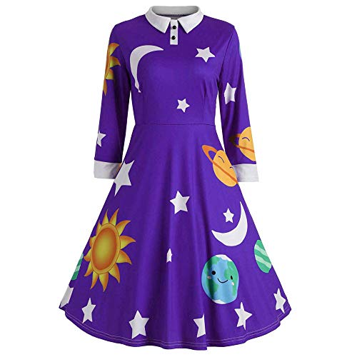 Women Vintage Peter Pan Collar Long Sleeve Print Button Swing A-Line Party Dress Casual Skater Dress(Purple,Medium) #TOP27