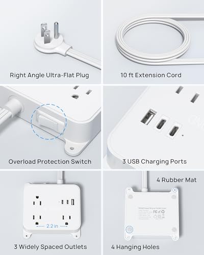 Image of TROND Ultra Flat Plug Power Strip, Extension Cord 10FT with 3 USB Chargers