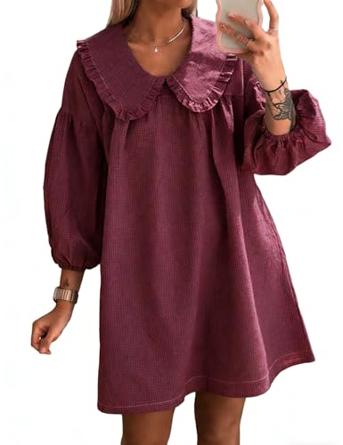 Image of Ynhonra Women's Gingham Mini Dress 3 /4 Puff Sleeve Babydoll Doll Collar