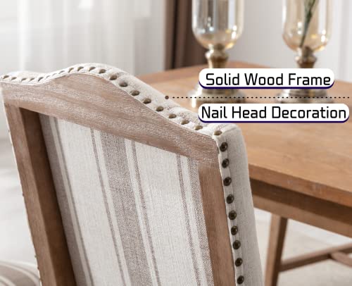 Ealson Farmhouse Dining Chairs Set Of 2 Upholstered Dining Room Chairs With Wood Legs And Nailhead Trim Mid Century Modern Kitchen Chairs With High Back Padded Parson Chairs, Linen Brown Stripe #TOP4