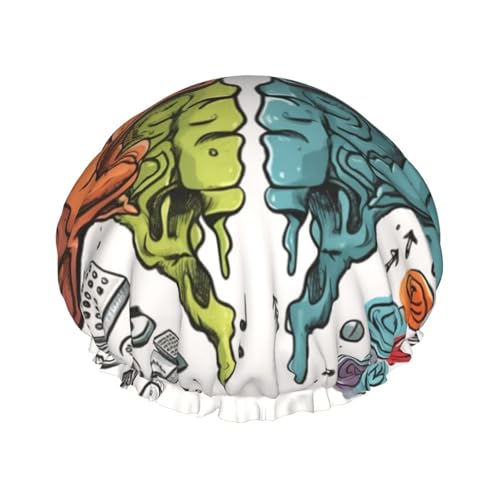 Left and right brain functions Shower Cap for Women Reusable Waterproof Shower Bonnet Washable Elastic Band Bath Hair Hat Double Layered Bath Cap Extra Large for Long Hair