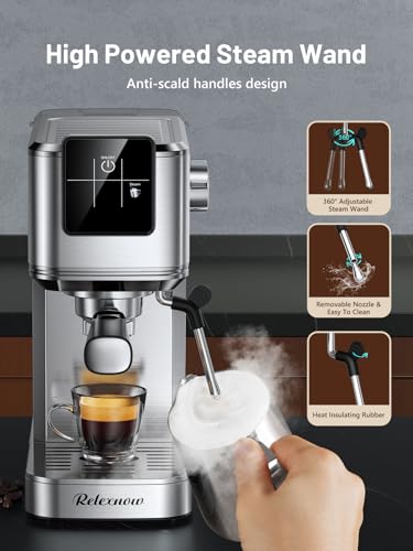 Image of RELEXNOW Espresso Machine, 20 Bar Professional Espresso Coffee Maker with Milk Steam Wand, Hot and Iced Coffee Machine, Stainless Steel Compact Coffee Machine for